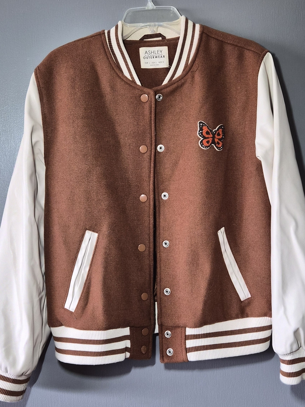 Ashley By 26 International Brown and White Varsity Jacket with Butterfly Patch